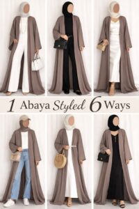 stylish ways to wear one abaya, featuring different looks for daily student outfit