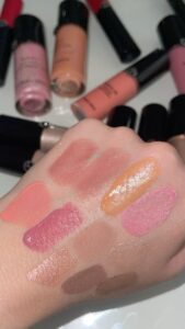 Lip and cheek tint product with color swatches