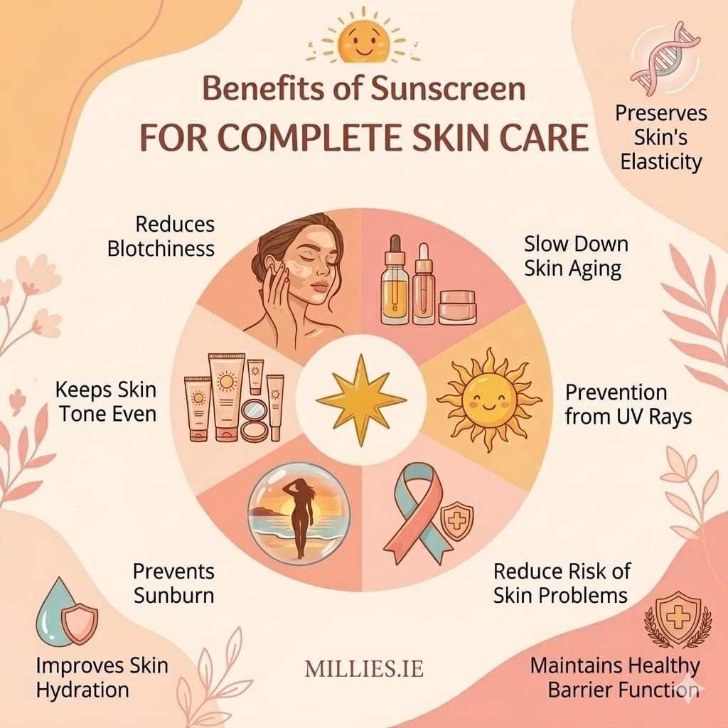 A simple infographic about the benefits of sunscreen, showing how it protects skin from sun damage, prevents sunburn, slows aging, keeps skin healthy, improves hydration, and helps maintain an even skin tone.