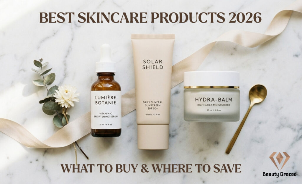 Best skincare products 2026 including vitamin C serum, sunscreen, and moisturizer arranged on marble background
