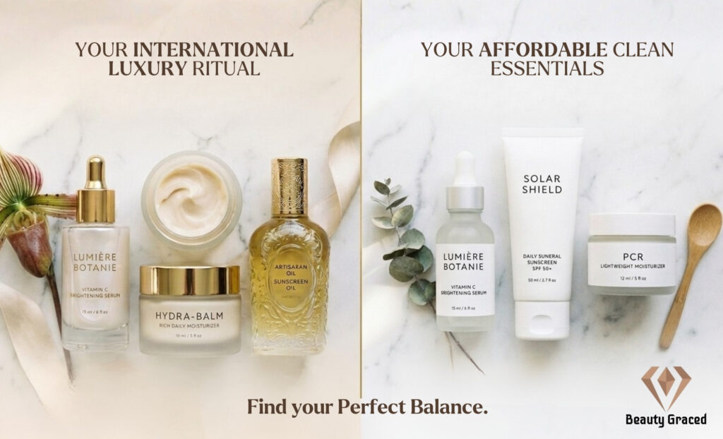 Luxury vs affordable skincare products comparison featuring vitamin C serum, sunscreen, and moisturizer on marble background