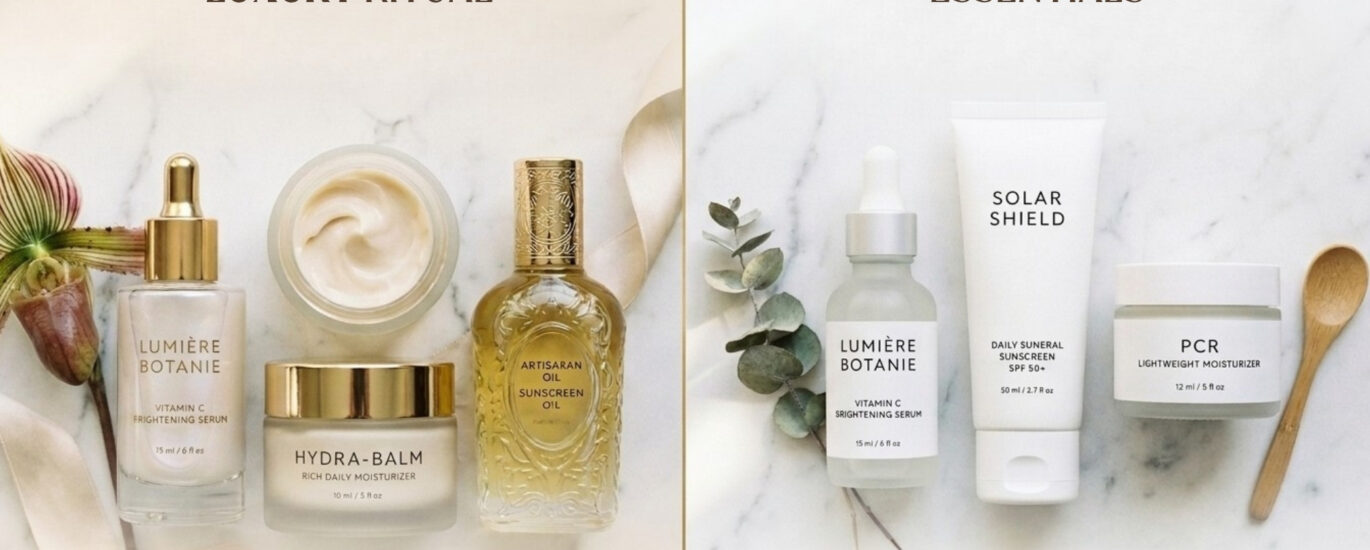 Luxury vs affordable skincare products comparison featuring vitamin C serum, sunscreen, and moisturizer on marble background