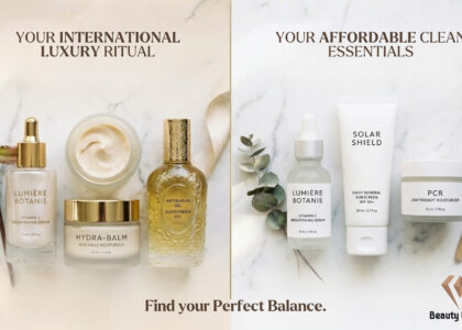 Luxury vs affordable skincare products comparison featuring vitamin C serum, sunscreen, and moisturizer on marble background