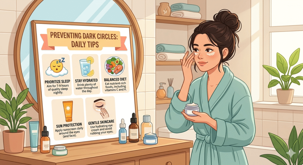 An illustrated infographic showing a woman in a green robe applying eye cream. A mirror reflects a "Preventing Dark Circles" tip board with icons for sleep, hydration, nutrition, sun protection, and gentle skincare.