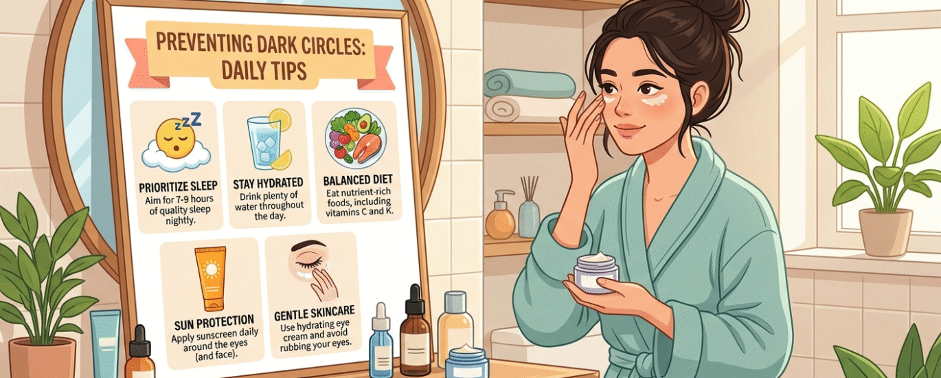 An illustrated infographic showing a woman in a green robe applying eye cream. A mirror reflects a "Preventing Dark Circles" tip board with icons for sleep, hydration, nutrition, sun protection, and gentle skincare.