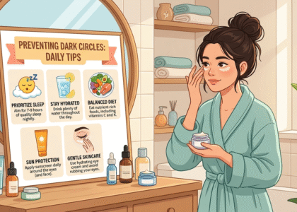 An illustrated infographic showing a woman in a green robe applying eye cream. A mirror reflects a "Preventing Dark Circles" tip board with icons for sleep, hydration, nutrition, sun protection, and gentle skincare.