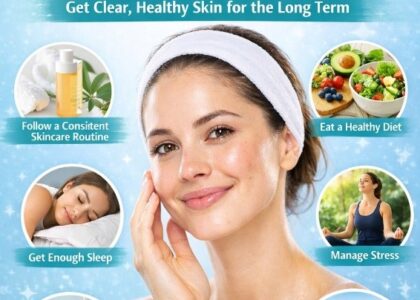 Infographic of a woman with clear skin showing skincare tips to prevent future breakouts including routine, diet, sleep, stress control, cleanliness, and sun protection.