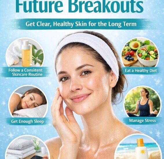 Infographic of a woman with clear skin showing skincare tips to prevent future breakouts including routine, diet, sleep, stress control, cleanliness, and sun protection.