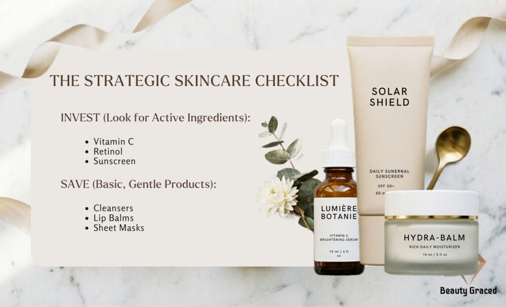 Strategic skincare checklist showing vitamin C, retinol, sunscreen to invest in and basic products to save money