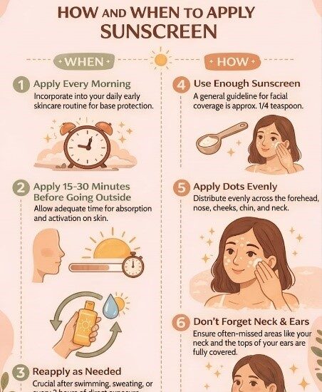 Illustration showing proper sunscreen application steps for skin protection. It highlights using sunscreen in the morning before going outside. The image also shows reapplying sunscreen during the day for better protection. It emphasizes using enough quantity for full coverage. The illustration includes applying sunscreen evenly on the face, neck, and ears. It explains a complete daily sun protection routine.