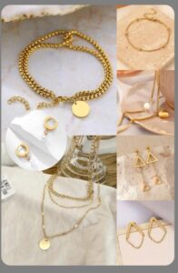 Elegant gold stainless steel Jewellery set with bracelet, necklace & earrings.