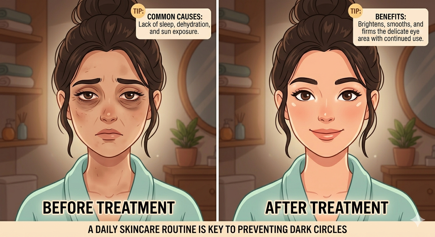 A split-screen animated illustration of a woman's face before and after dark circle treatment. The left side shows tired eyes with dark circles and a list of causes; the right side shows bright, refreshed skin with a list of skincare benefits.
