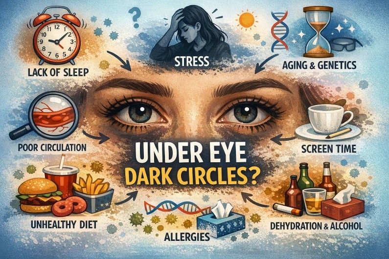 Infographic showing causes of under eye dark circles such as lack of sleep, stress, poor circulation, aging, screen time, dehydration, unhealthy diet, and allergies around a woman's eyes.