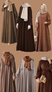 different types of student abaya in brown and neutral shades including loose, flowy, and front open design