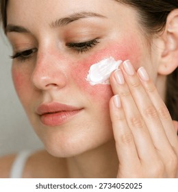 Women applying smoothing cream on red irritated sensitive skin face.