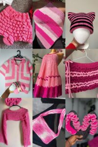 Collection of stylish pink crochet clothing and accessories in different designs.