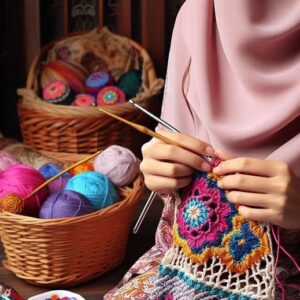 Woman creating handmade crochet art with yarn and tools around her