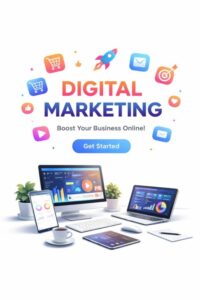 A digital marketing concept image featuring various devices displaying business analytics and charts, highlighting strategies for online growth in the beauty industry.